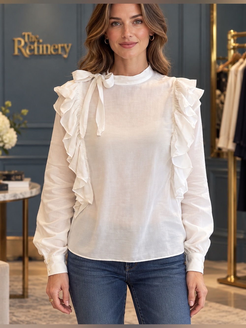 Women Doen Round Tie Now Neck Ruffle Long Sleeve Blouse Top